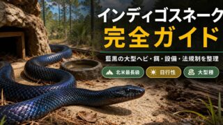 インディゴスネーク（Drymarchon）飼育完全ガイド｜北米最長級・藍黒の宝石の特徴と飼育の要点を伝えるカメレオン・爬虫類記事アイキャッチ画像