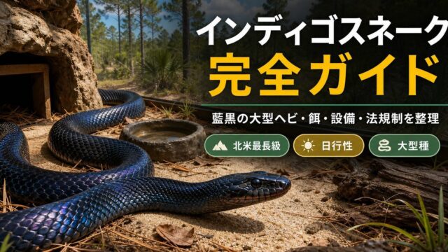 インディゴスネーク（Drymarchon）飼育完全ガイド｜北米最長級・藍黒の宝石の特徴と飼育の要点を伝えるカメレオン・爬虫類記事アイキャッチ画像