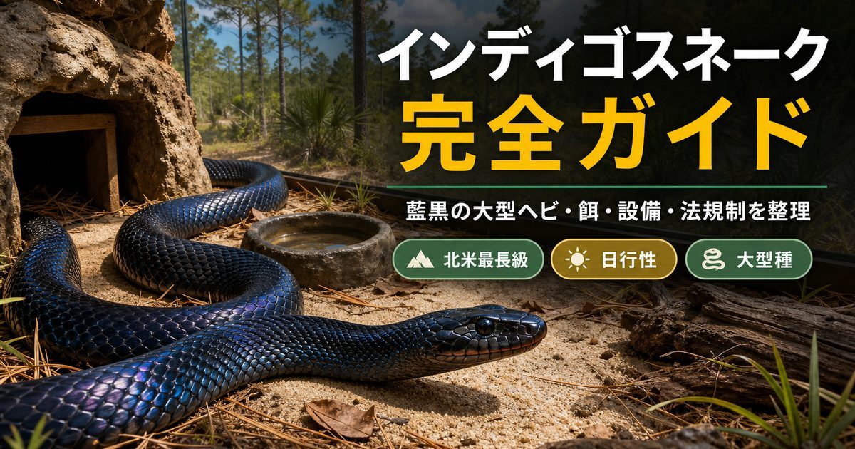 インディゴスネーク（Drymarchon）飼育完全ガイド｜北米最長級・藍黒の宝石の特徴と飼育の要点を伝えるカメレオン・爬虫類記事アイキャッチ画像