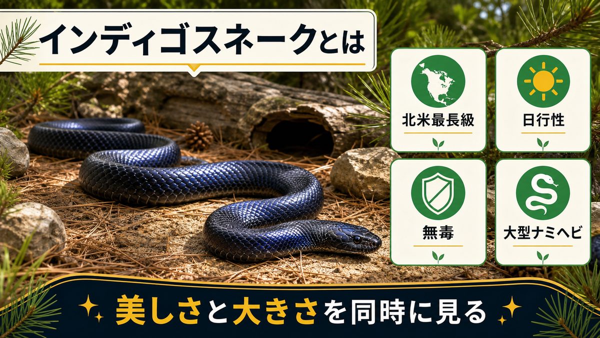 インディゴスネークとは|北米最長級の在来蛇の要点をまとめたカメレオン・爬虫類飼育インフォグラフィック