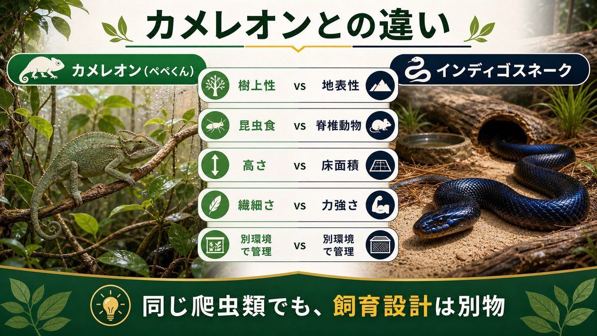 カメレオン(ぺぺ君)との違い|飼う前に知ってほしい5つの差の要点をまとめたカメレオン・爬虫類飼育インフォグラフィック