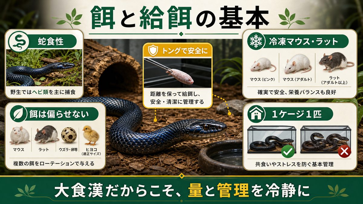 餌と給餌|蛇食性(ophiophagy)と大食漢の現実の要点をまとめたカメレオン・爬虫類飼育インフォグラフィック