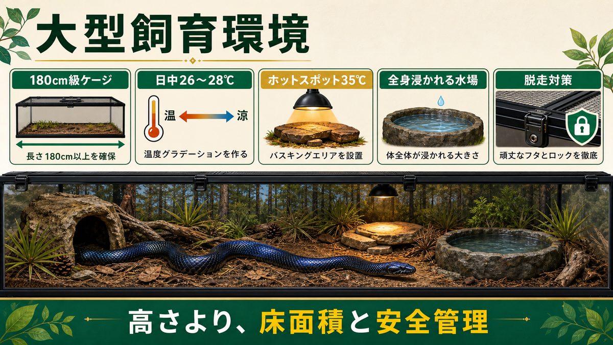 大型飼育環境・水場|180cm級ケージと“浸かれる”水入れの要点をまとめたカメレオン・爬虫類飼育インフォグラフィック