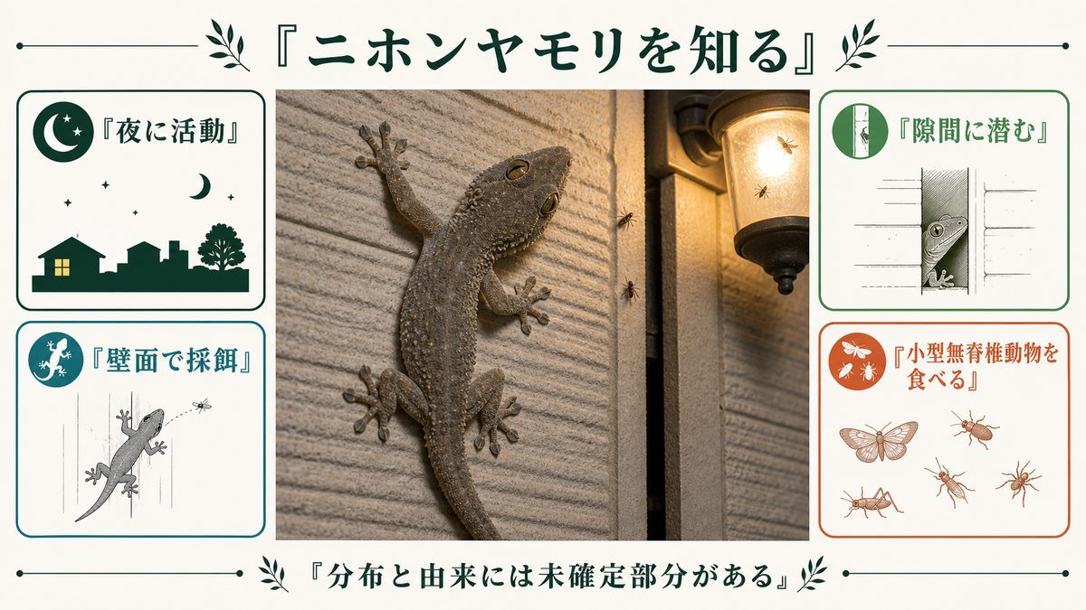 夜の住宅壁面にいるニホンヤモリと、夜行性・壁面採餌・隙間利用・食性の要点