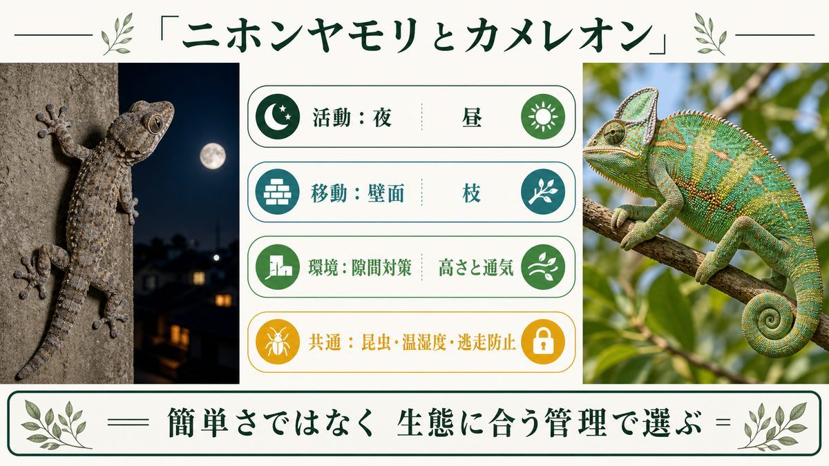 ニホンヤモリとカメレオンの活動時間・移動方法・飼育環境を比較した図