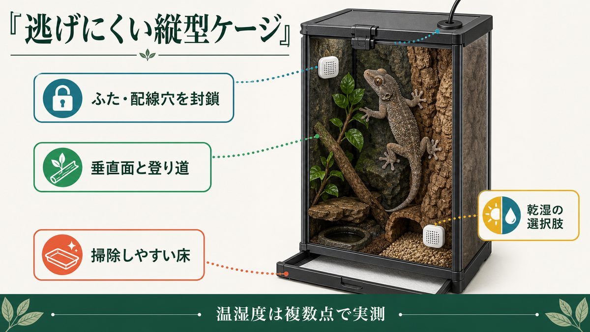 逃走防止した縦型ケージのふた・配線穴・登り道・乾湿環境・掃除しやすい床