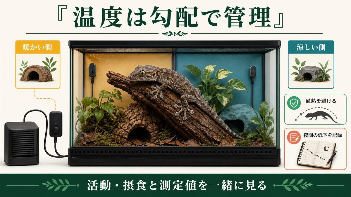 暖かい側と涼しい側を作り、外付け熱源と複数の温度計で管理するニホンヤモリのケージ