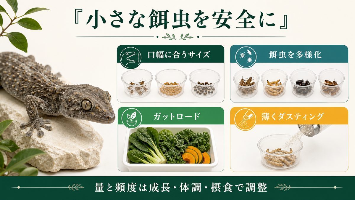 ニホンヤモリに与える口幅に合う餌虫・餌の多様化・ガットロード・薄いダスティング