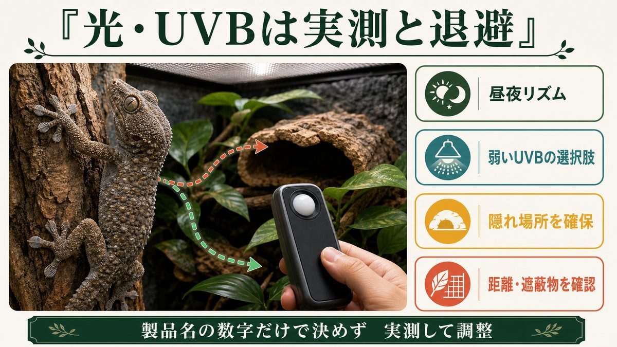 ニホンヤモリの昼夜リズム・弱いUVB・隠れ場所・距離と遮蔽物を実測で調整する図