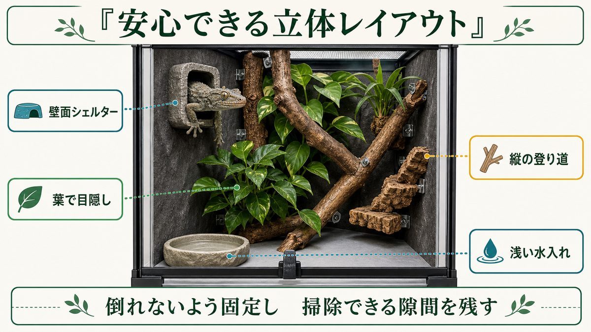 壁面シェルター・縦の登り道・葉の目隠し・浅い水入れを配置したニホンヤモリのケージ