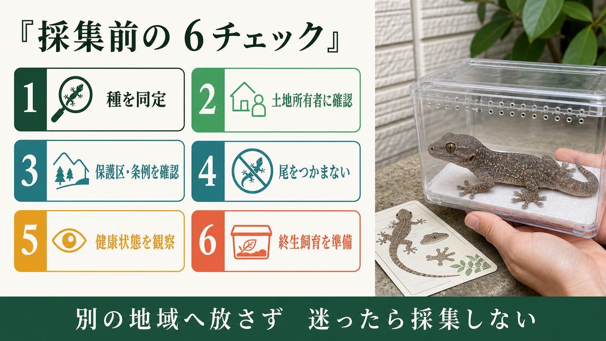ニホンヤモリ採集前の種同定・土地所有者・保護区と条例・健康状態・終生飼育の確認表