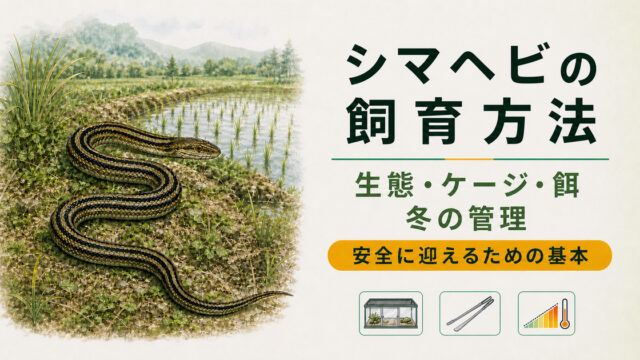 4本の縦じまがあるシマヘビと、脱走防止ケージ・安全な給餌・温度管理をまとめた記事アイキャッチ