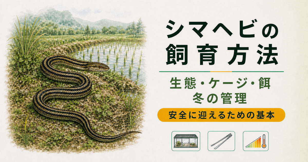 4本の縦じまがあるシマヘビと、脱走防止ケージ・安全な給餌・温度管理をまとめた記事アイキャッチ