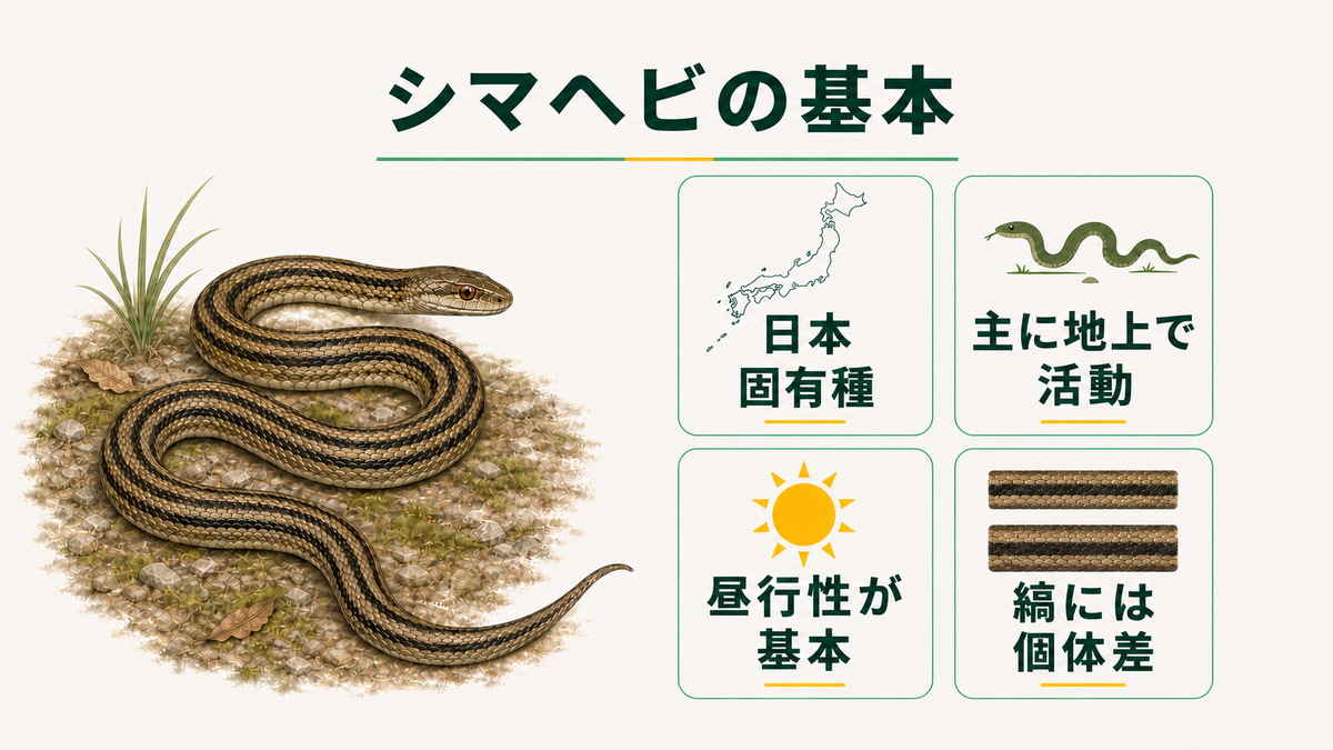 シマヘビが日本固有種で、主に地上で昼間に活動し、縦じまには個体差があることを示す基本情報図