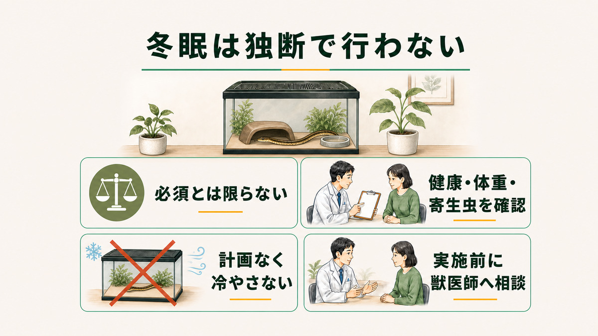 シマヘビの冬眠は必須とは限らず、健康・体重・寄生虫を確認し、独断で冷やさず実施前に獣医師へ相談する安全図