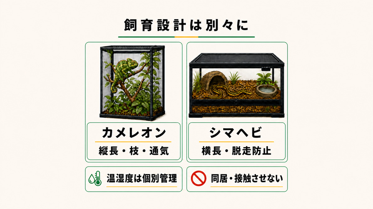 カメレオンは縦長の枝ケージ、シマヘビは横長の脱走防止ケージで、同居させず温湿度を個別管理する比較図