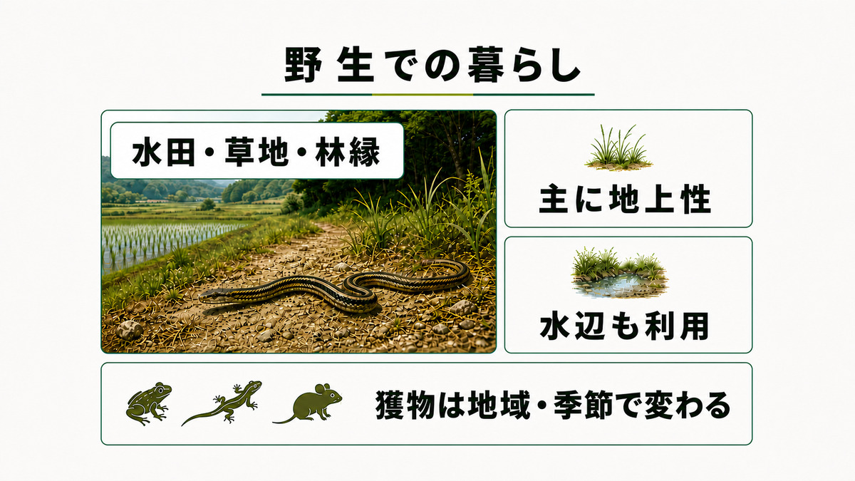 水田・草地・林縁を利用するシマヘビと、食べる獲物が地域や季節で変わることを示す生態図