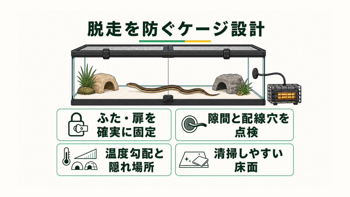 シマヘビのケージで、ふたと扉の固定、隙間・配線穴、温度勾配、隠れ場所、清掃性を確認する図