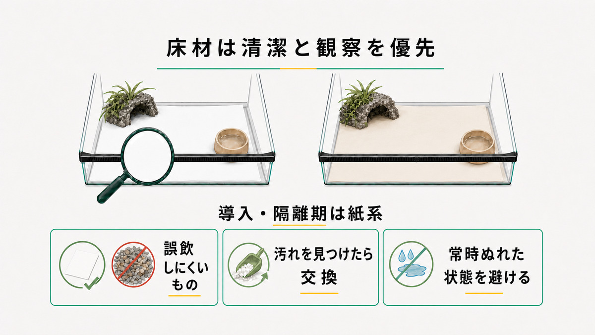 シマヘビの床材を、導入・隔離期の紙系、誤飲しにくさ、汚れの交換、過度な湿潤防止で選ぶ図
