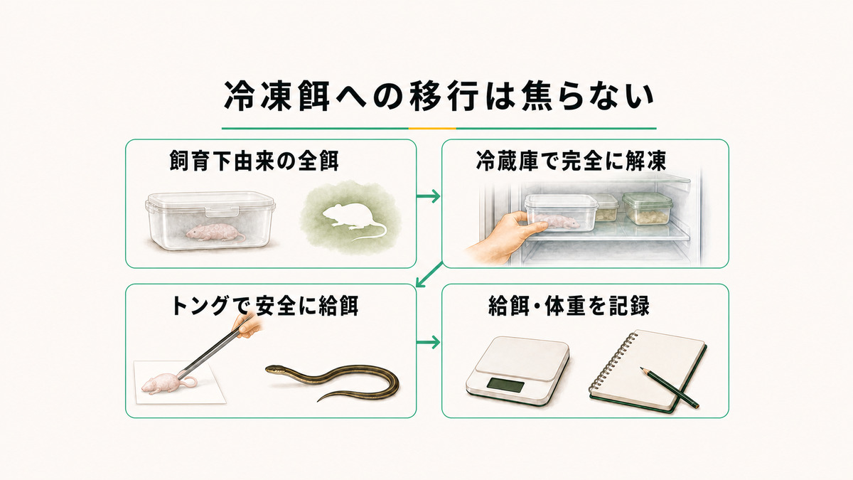 冷凍餌への移行を焦らず、飼育下由来の全餌を冷蔵庫で完全に解凍し、トングで与えて給餌と体重を記録する図