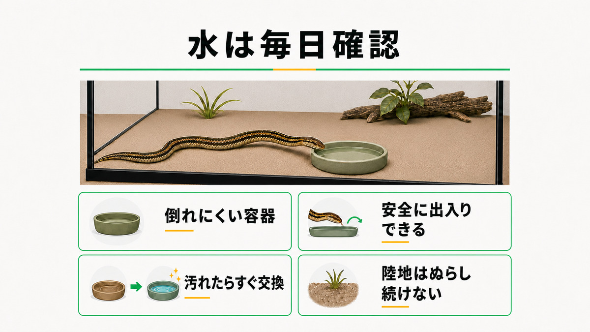シマヘビの水容器を毎日確認し、倒れにくさ、安全な出入り、汚れた水の交換、陸地の過湿防止を示す図