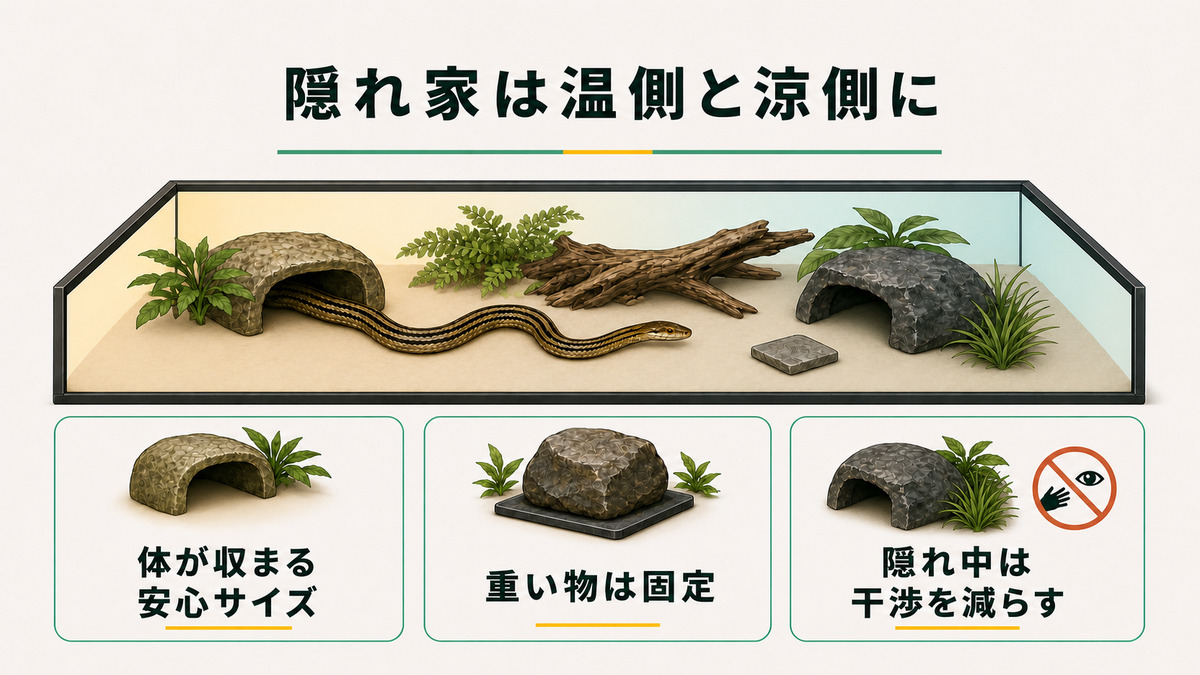 シマヘビが温側と涼側の両方で隠れられるよう、体が収まる大きさ、固定、干渉を減らすことを示す図