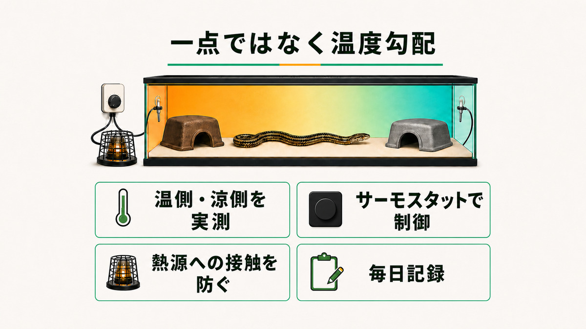 シマヘビのケージで温側と涼側の温度勾配を実測し、サーモスタット、熱源ガード、毎日の記録で管理する図