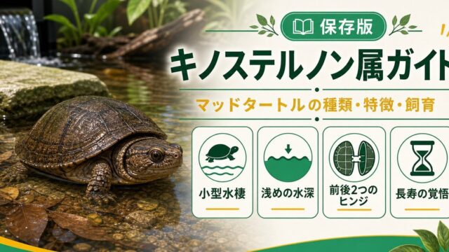 キノステルノン属（Kinosternon）完全ガイド｜マッドタートル（泥ガメ）の種類・特徴・小型水棲飼育法を属レベルで解説の要点を伝えるカメレオン・爬虫類記事アイキャッチ画像