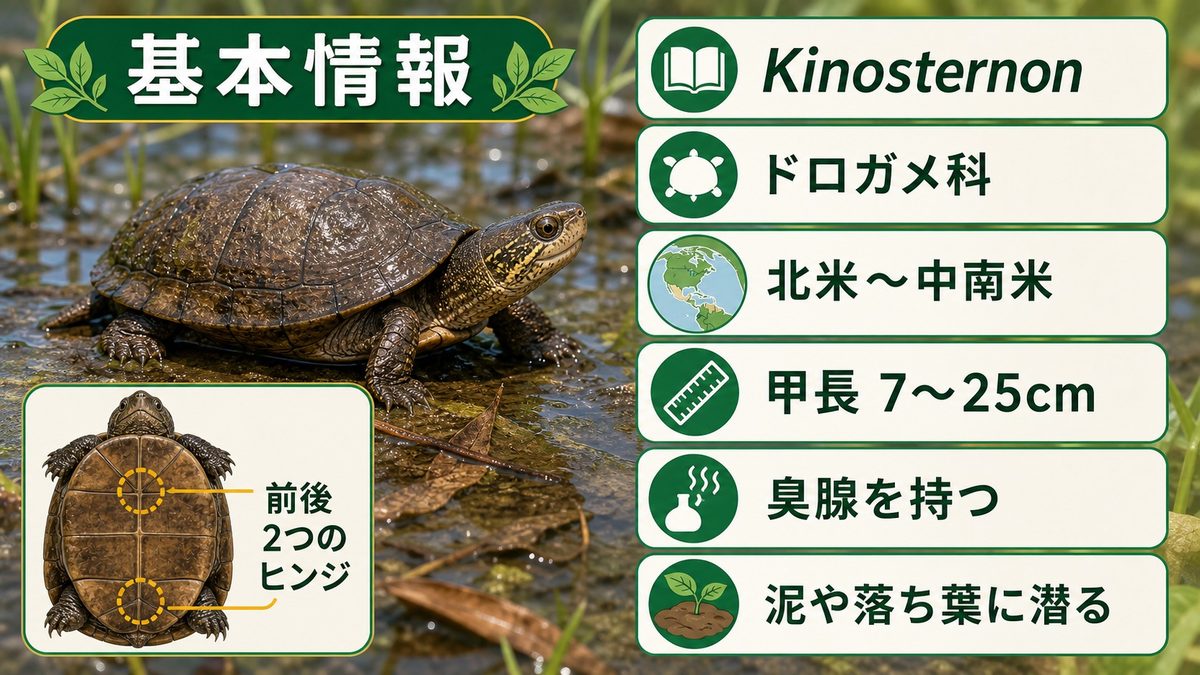 キノステルノン属とは？ 基本情報と形態的特徴の要点をまとめたカメレオン・爬虫類飼育インフォグラフィック