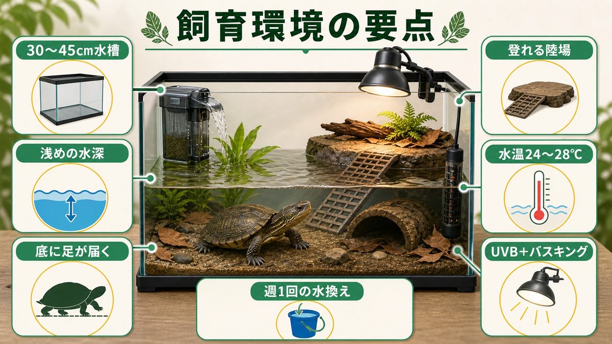 飼育環境の設定｜省スペースで始める小型水棲ガメ飼育の要点をまとめたカメレオン・爬虫類飼育インフォグラフィック