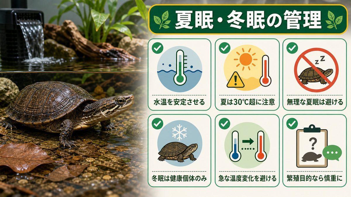 夏眠・冬眠の管理｜季節のリズムに合わせた飼育術の要点をまとめたカメレオン・爬虫類飼育インフォグラフィック