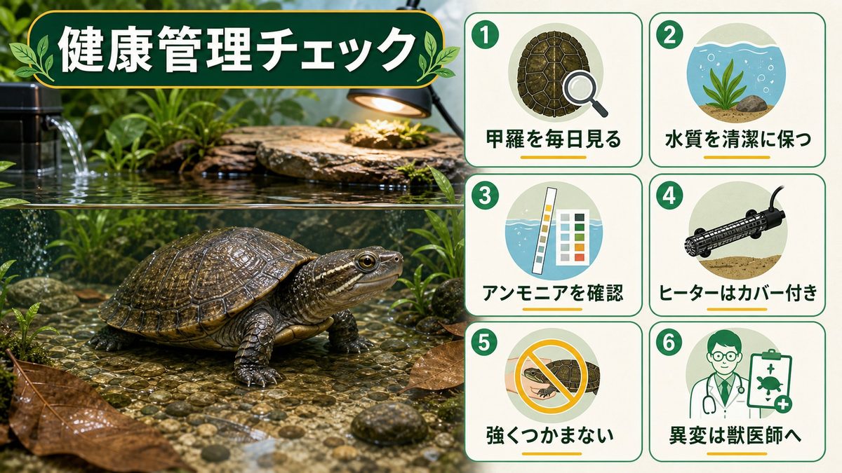 健康管理とトラブル対処法の要点をまとめたカメレオン・爬虫類飼育インフォグラフィック