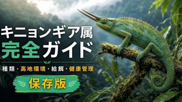 キニョンギア属（Kinyongia）完全ガイド｜アフリカ山地産ツノカメレオンの種類・特徴・飼育法を属レベルで解説の要点を伝えるカメレオン・爬虫類記事アイキャッチ画像