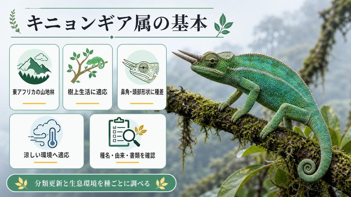 キニョンギア属(Kinyongia)とは?分類と全体像の要点をまとめたカメレオン・爬虫類飼育インフォグラフィック