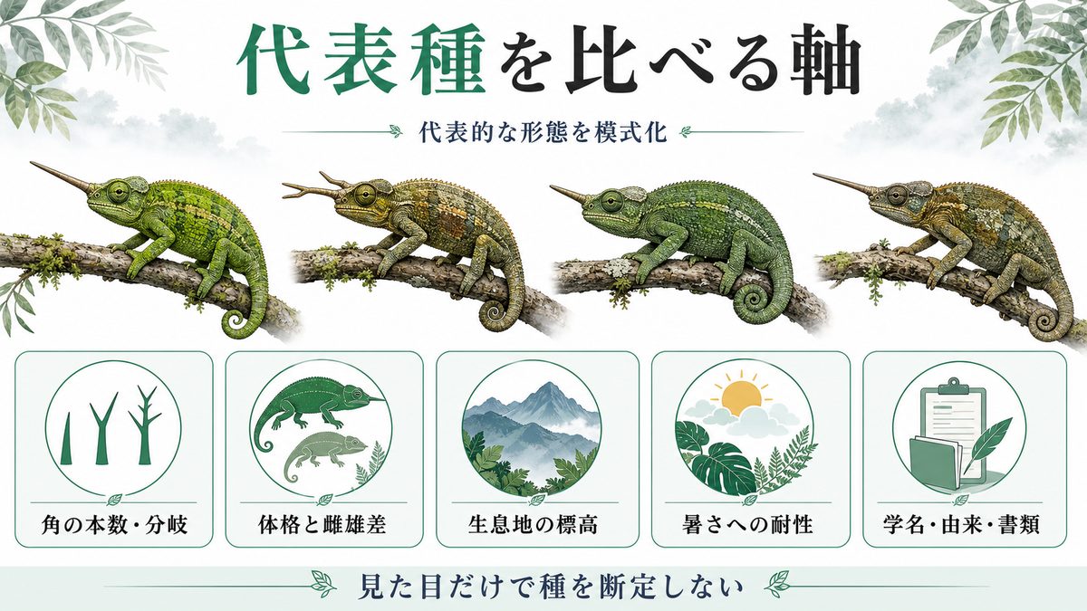 代表種の紹介と特徴比較の要点をまとめたカメレオン・爬虫類飼育インフォグラフィック