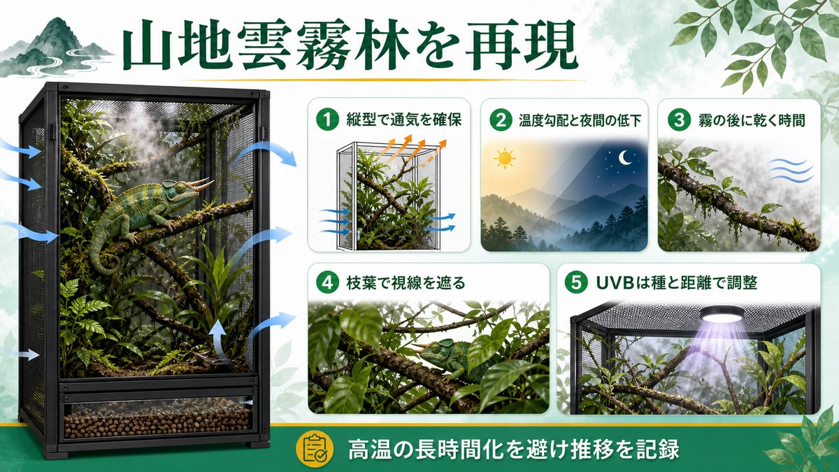 飼育環境の設定:ケージ・温度・湿度・照明の要点をまとめたカメレオン・爬虫類飼育インフォグラフィック