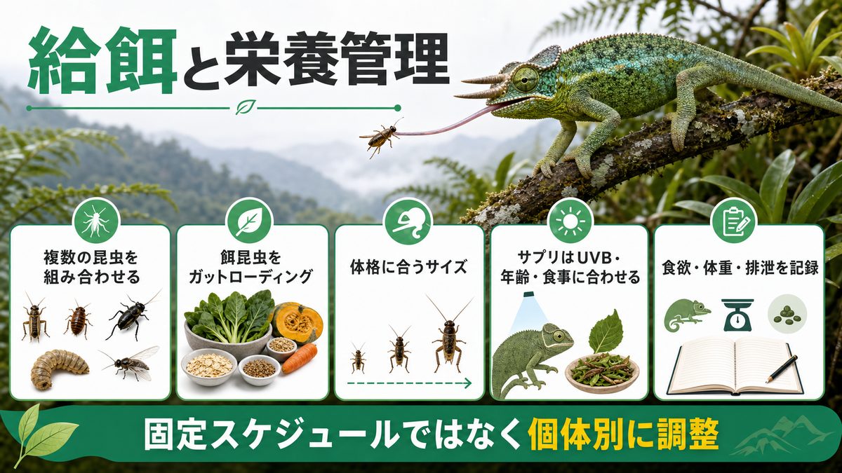 給餌と栄養管理:何を・どれだけ・どう与えるかの要点をまとめたカメレオン・爬虫類飼育インフォグラフィック