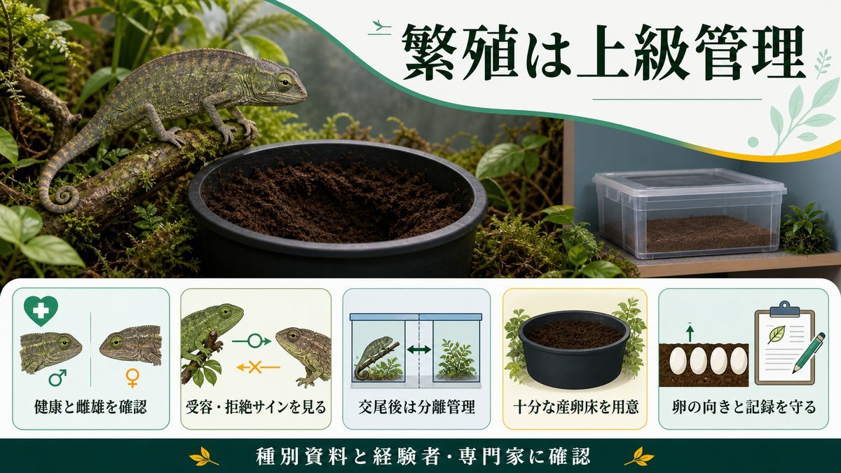 繁殖・産卵・孵化の管理の要点をまとめたカメレオン・爬虫類飼育インフォグラフィック