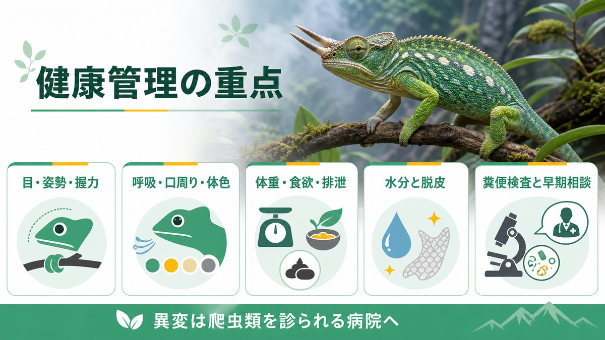 健康管理とよくある疾患・トラブル対処の要点をまとめたカメレオン・爬虫類飼育インフォグラフィック