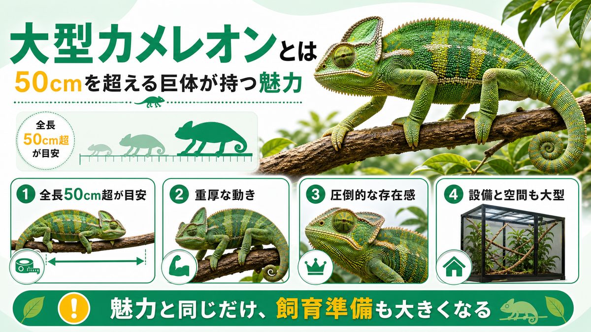 大型カメレオンとは？50cmを超える巨体が持つ魅力の要点をまとめたカメレオン・爬虫類飼育インフォグラフィック