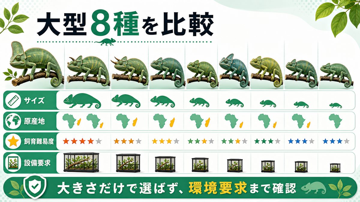 大型カメレオン8種比較表の要点をまとめたカメレオン・爬虫類飼育インフォグラフィック