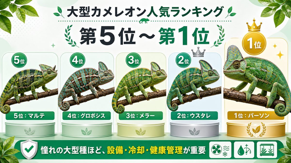 大型カメレオン人気ランキング第5位〜第1位の要点をまとめたカメレオン・爬虫類飼育インフォグラフィック
