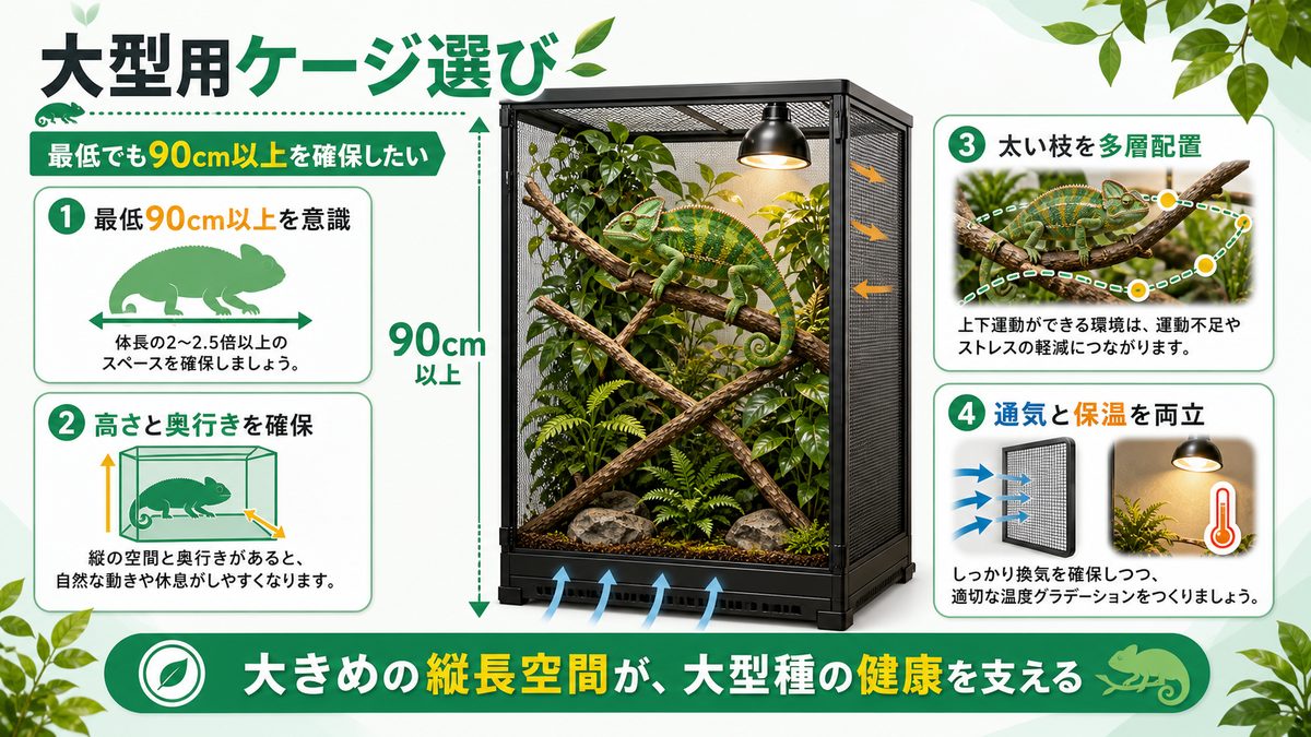 大型用ケージはどう選ぶ?最低でも90cm以上を確保したいの要点をまとめたカメレオン・爬虫類飼育インフォグラフィック
