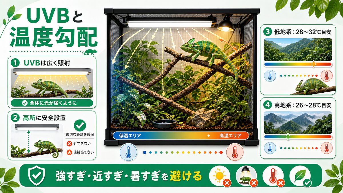 UVBライトは強めを高所に。バスキングは温度勾配での要点をまとめたカメレオン・爬虫類飼育インフォグラフィック