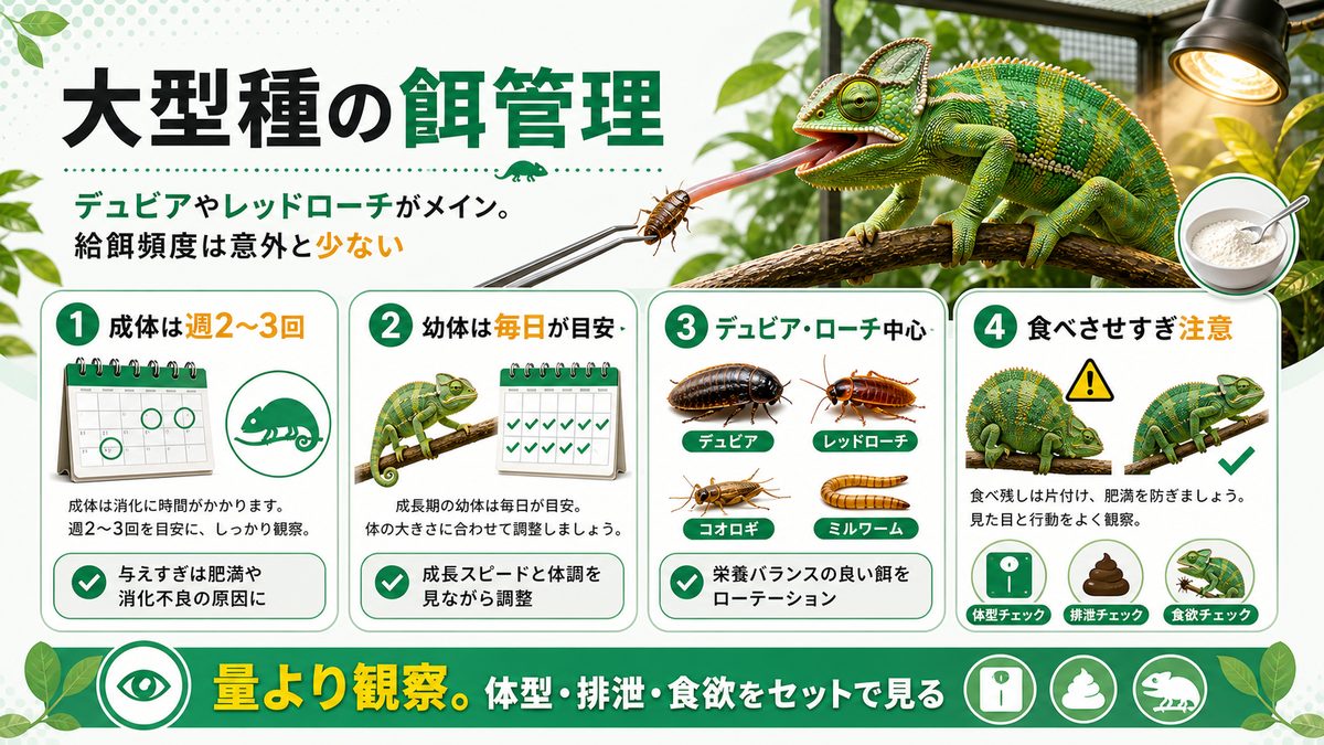 餌はデュビアやレッドローチがメイン。給餌頻度は意外と少ないの要点をまとめたカメレオン・爬虫類飼育インフォグラフィック
