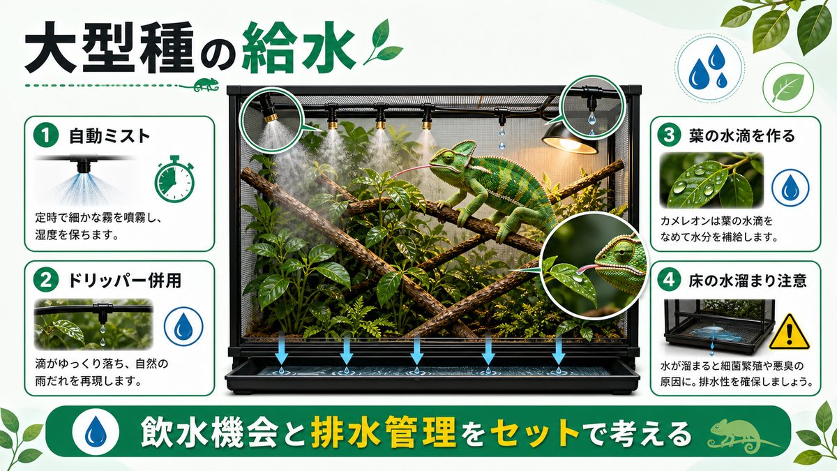 給水は自動ミスト＋ドリッパーの併用が鉄則の要点をまとめたカメレオン・爬虫類飼育インフォグラフィック