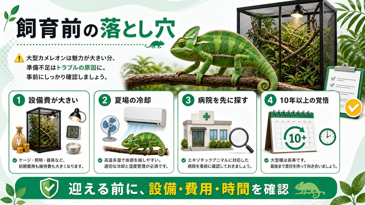 大型カメレオン飼育の覚悟と落とし穴の要点をまとめたカメレオン・爬虫類飼育インフォグラフィック