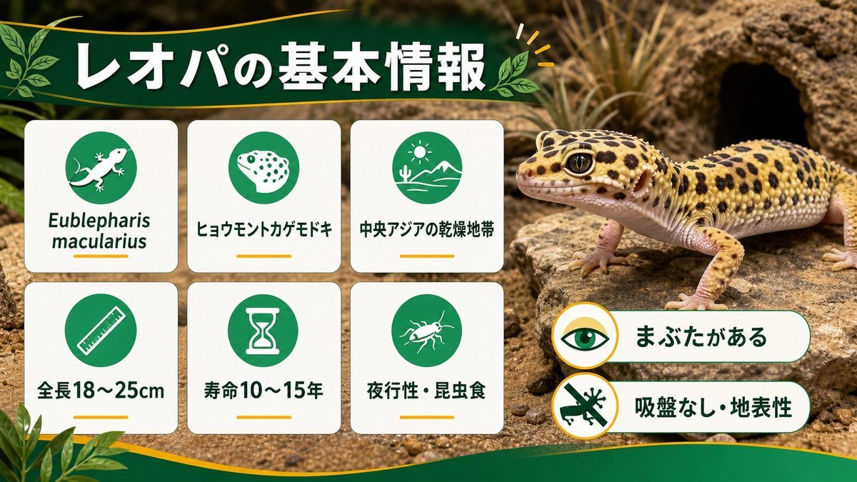 レオパードゲッコーの基本情報の要点をまとめたカメレオン・爬虫類飼育インフォグラフィック