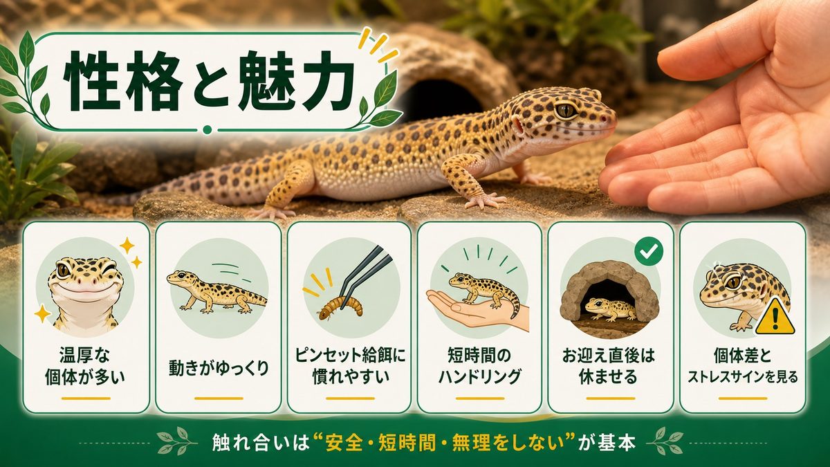 性格と魅力――温厚で人慣れする爬虫類代表の要点をまとめたカメレオン・爬虫類飼育インフォグラフィック