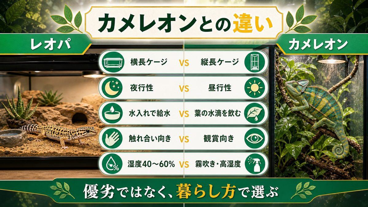 カメレオンとの違い徹底比較の要点をまとめたカメレオン・爬虫類飼育インフォグラフィック